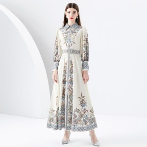 Early Spring 2024- Palace Style Flip Collar Single Front Lantern Sleeve Retro Printed Long Dress