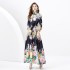 2024 Spring/Summer - Retro Oil Painting Painted Standing Collar Long Lantern Sleeve Wave Edge Printed Dress