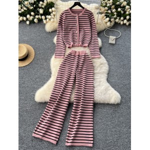 Mingyuan Xiaoxiangfeng set, women's high-end versatile round neck striped knitted cardigan+sweater casual wide leg pants