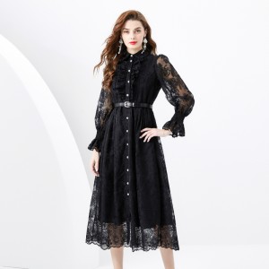 2024 Spring/Summer - Vacation style retro lapel collar single breasted lace embroidery wide swing long dress