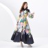 2024 Spring/Summer - Vacation style stand up collar single breasted palace style printed wide swing long dress