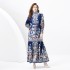 2024 Spring/Summer - Palace style stand up collar lantern sleeves wave side length retro printed dress