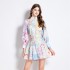 Original Spot | 2024 Spring/Summer Style Skirt Splicing Printed Long Sleeve Slimming Retro Medium Length Dress