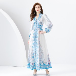 Early Spring 2024- Retro Palace style pleated V-neck lantern sleeves long printed dress