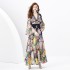 2024 Spring/Summer - Retro Deep V-neck Lantern Sleeve Wave Edge Wide Swing Painted Printed Long Dress