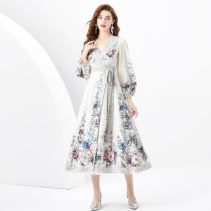 2024 Spring/Summer - Vacation Wrap Style V-neck Lantern Sleeve Long Printed Dress