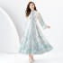 2024 Early Spring - Palace style stand up collar flared sleeve single placket printed long lace dress