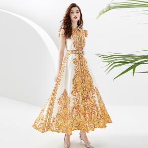 2023 Spring/Summer Palace Style Polo Sleeveless Waist Wide Skirt Printed Long Dress