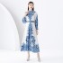 2024- Early Spring Retro Collar Single Front Lantern Sleeve Long Printed Dress