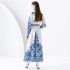 2024 Early Spring - Vacation style stand up collar lantern sleeves wave side length printed dress