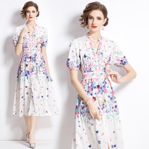 Original Spot | 2024 Spring/Summer New Palace Style Stand up Collar Flower Dress Single breasted Design Long Dress