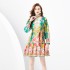 2024 Spring/Summer - Palace style stand up collar lantern sleeves wavy edge mini retro printed dress