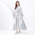 2024 Vacation - Palace style Retro Stand up Collar Single breasted Printed Wide Swing Long Dress