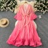 High end women's clothing 2024 new item niche light mature style waist strap loose V-neck flared sleeve gradually changing color dress