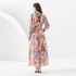 2024 Spring/Summer Vacation Style Standing Collar Lantern Sleeve Wave Edge Printed Dress