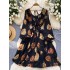 2024 autumn new niche light mature style dress for women, French style waist cinched square collar lantern sleeve printed chiffon long dress