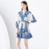 2024- Early season vacation style V-neck pleated lantern sleeves retro printed mini dress