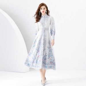 Early Spring 2024- Palace Style Flip Collar Single Door Front Lantern Sleeve Long Retro Printed Dress