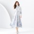 Early Spring 2024- Palace Style Flip Collar Single Door Front Lantern Sleeve Long Retro Printed Dress