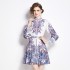 Original in stock | 2024 early spring temperament skirt patchwork print long sleeved slimming retro mid length dress