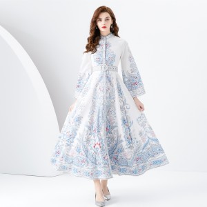 2024 Early Spring - Palace style stand up collar flared sleeve single placket printed long lace dress