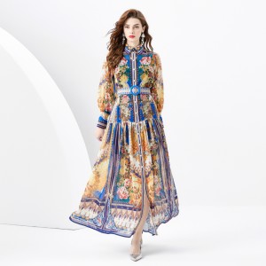 2024 Spring/Summer - Two piece set of palace style lapel lantern sleeves with wavy side length retro printed dress