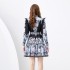 2024 Spring/Summer - Palace style stand up collar lantern sleeves wavy edge mini retro printed dress