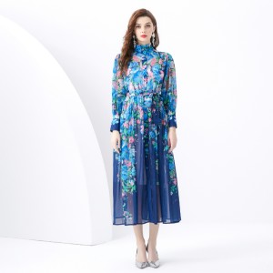 2024 Vacation - Countryside style stand up collar lantern sleeves wave side length retro printed dress two-piece set