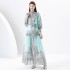 2024 Early Spring - Palace style stand up collar lantern sleeve wave side length retro printed dress