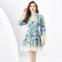 2024 Spring/Summer - Vacation Style V-neck Lantern Sleeve Wave Edge Mini Retro Printed Dress