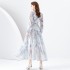 2024 Early Spring - Vacation style V-neck lantern sleeves wave side length retro printed dress two-piece set