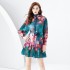 2024 Early Spring - Vacation style stand up collar lantern sleeve wavy edge painted mini print dress