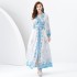 Early Spring 2024- Retro Palace style pleated V-neck lantern sleeves long printed dress