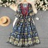 Spring and summer vacation ethnic style printed embroidered square neck dress for women with a waist cinched and pleated A-line loose long skirt