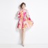 Original Spot | 2024 New Printed Retro Collar Fashion Dress Lantern Sleeve High Waist A-line Skirt