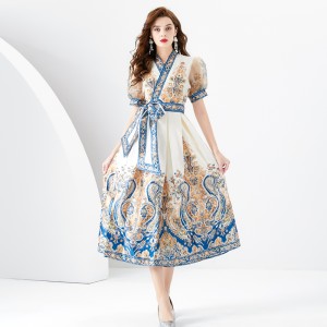 2024 Early Spring - Vacation Wrap Style V-neck Lantern Sleeve Long Printed Dress