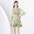 2024 Early Spring - Vacation style V-neck pleated lantern sleeves retro painted printed mini dress