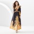 2024- Early Spring Lantern Sleeve V-neck Palace Style Single Front Printed Long Dress