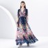 Early Spring 2024- Retro Deep V-neck Lantern Sleeve Wave Edge Wide Swing Printed Long Dress