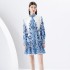 2024 Early Spring - Vacation style stand up collar lantern sleeves wave side length printed dress