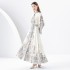 2024 Early Spring - Palace style stand up collar flared sleeve printed long lace dress