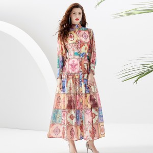 2024 Spring/Summer Vacation Style Standing Collar Lantern Sleeve Wave Edge Printed Dress