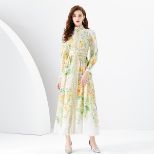 2024 Early Spring - Vacation style stand up collar lantern sleeves wave side length retro printed dress