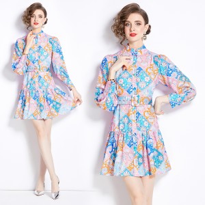 Original in stock | 2024 early spring temperament skirt patchwork print long sleeved slimming retro mid length dress