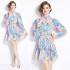 Original in stock | 2024 early spring temperament skirt patchwork print long sleeved slimming retro mid length dress