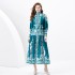 2024 Spring/Summer - Palace style stand up collar lantern sleeves wave side length retro printed dress