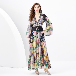 2024 Spring/Summer - Retro Deep V-neck Lantern Sleeve Wave Edge Wide Swing Painted Printed Long Dress