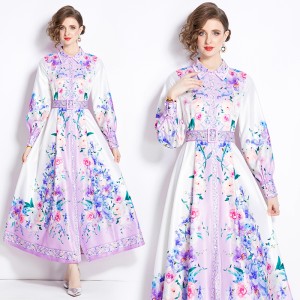 Original shooting | 2024 spring/summer new style temperament lapel slim fit medium long printed shirt collar dress