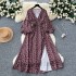 French forest retro floral dress for women in autumn 2024, waist cinched, V-neck, lantern sleeves, slit, large swing, long skirt