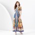 2024 Early Spring - Vacation style suit collar short sleeved pleated wide hem square scarf printed long dress